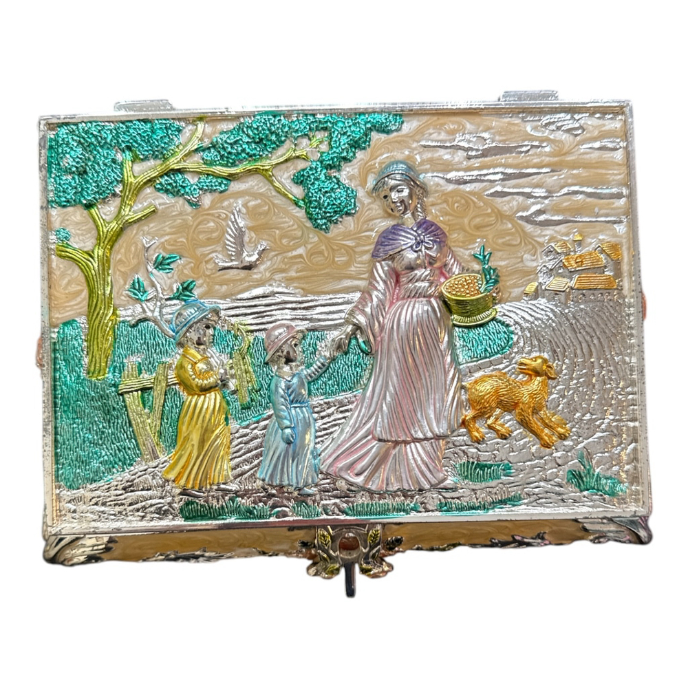 Vintage Decorative Jewelry Box with Victorian Scene, Metal Embossed Trinket Case - Picture 3 of 6